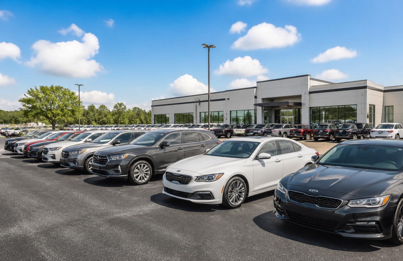 Daytime view of a used car lot with vehicles lined up for sale