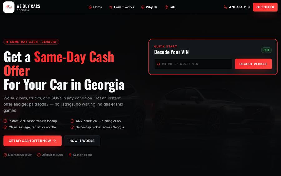 Georgia Car Cash website built by 180 Digital Solutions